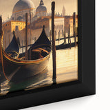 Black wall art featuring a colorful gondola on water, rendered in a textured style on a large framed canvas.