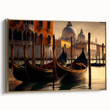 Framed canvas featuring a vintage-style gondola on a canal, executed in vibrant colors on a black background.