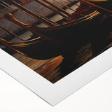 Art deco poster of a gondola on serene waters in muted blue and gray tones, ideal for dining room wall art.