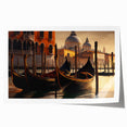 Rolled print of a gondola on a calm canal, using muted blue and gray tones, suitable as art wall dining room decor.