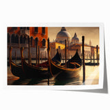 Rolled print of a gondola on a calm canal, using muted blue and gray tones, suitable as art wall dining room decor.