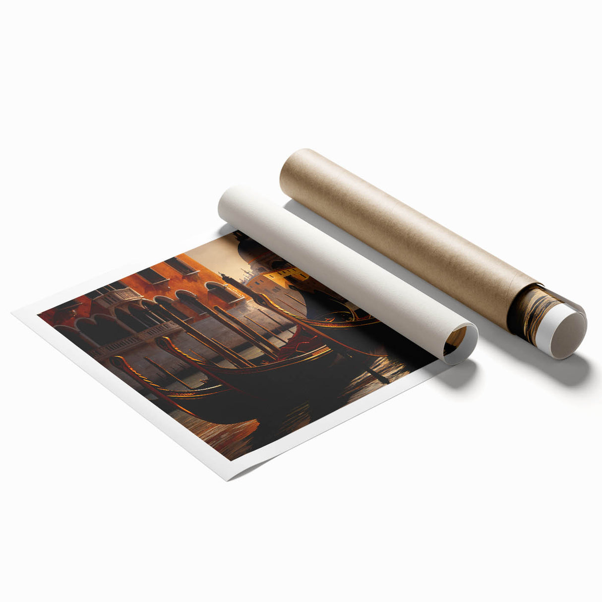 Extra large rolled print featuring a gondola on serene water with soft pastel shades, ideal for classy bathroom wall art.