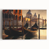 Black and white photograph of a gondola on calm waters, printed on stretched canvas, suitable for kitchen wall art.