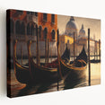 Venetian gondola in calm water on stretched canvas, with a palette of soft blues and grays, ideal for kitchen wall art.