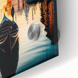 Acrylic print of a large abstract gondola in muted blues and grays.