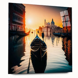 Acrylic print of a gondola on calm waters in muted blue and gray hues, ideal for bedroom or dining room art.