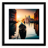 Extra large abstract art print of a colorful gondola on textured canvas, framed in black, ideal for living room decor.
