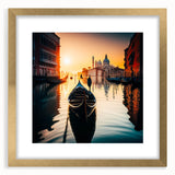 Textured art print of an abstract gondola on a gold-framed canvas, with neutral and blue tones, ideal for bedroom art.