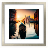 Abstract art print of a silver-framed gondola on water in muted blue tones, ideal for dining room decor.