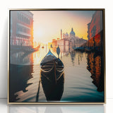 Mid-century modernist art depicting a gondola on water, framed in gold acrylic, ideal for nursery wall art.