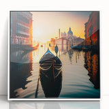 Mid-century modernist gondola artwork in muted earth tones on a white framed acrylic, ideal for nursery wall art.