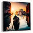 Black and white framed canvas of a vintage gondola on water, ideal for bedroom wall decor.