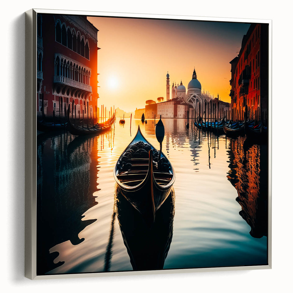 Vintage poster art of a colorful gondola on water, framed in silver, ideal for extra large living room wall decor.
