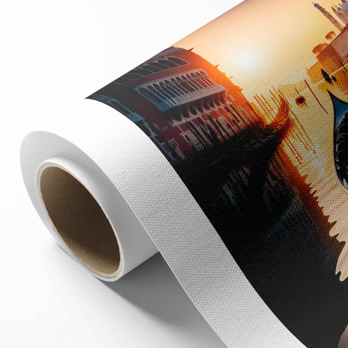 Art deco style poster of a gondola on water, rendered in muted blue and cream tones on rolled canvas.
