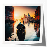 Venetian gondola on calm water, rolled print with soft blue and gray tones, ideal for art wall dining room.