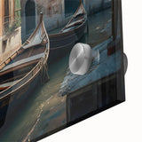 Large abstract depiction of a gondola on acrylic, using mid-century modernist style, suitable for dining room art.