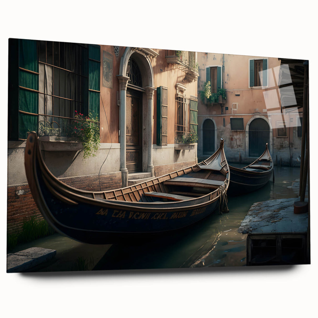 Acrylic print of a gondola on a serene blue canal, ideal for bedroom or dining room art.