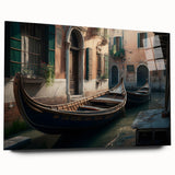 Acrylic print of a gondola on a serene blue canal, ideal for bedroom or dining room art.