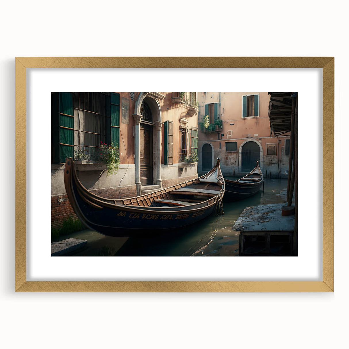 Textured art print of an abstract gondola in muted gold and black, framed in gold, ideal for bedroom art.
