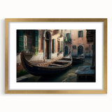 Textured art print of an abstract gondola in muted gold and black, framed in gold, ideal for bedroom art.