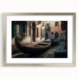 Abstract art print of a stylized gondola in muted blue and silver tones on framed canvas, ideal for dining room decor.