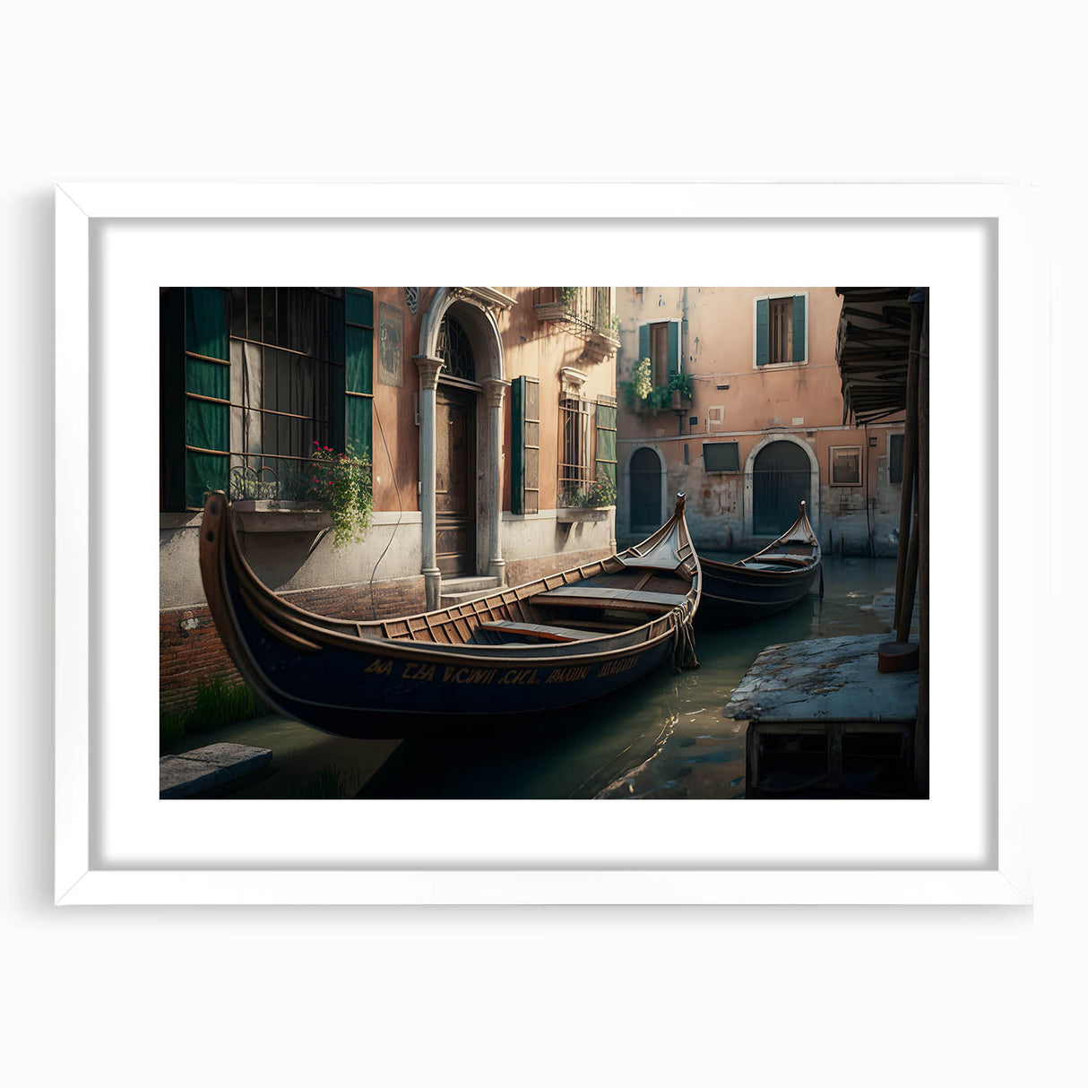 Extra large abstract art print of a gondola on water, in muted blue and gray tones, framed with a white mat.