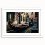 Extra large abstract art print of a gondola on water, in muted blue and gray tones, framed with a white mat.