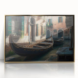 Mid-century modernist art of a gondola in muted gold and black tones on acrylic, ideal for modern art wall decor.