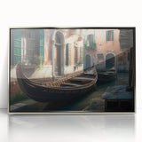 Art deco style poster of a silver-framed acrylic print showing a gondola on water, in muted blue and gray tones.