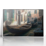 Mid-century modernist gondola print in muted blue and gray tones on a framed acrylic, ideal for nursery wall art.