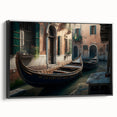 Black and white framed canvas of a vintage gondola on water, ideal for bedroom wall decor.