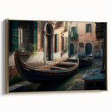 Framed canvas depicting a vintage gondola in vibrant colors against a black background, suitable for living room decor.