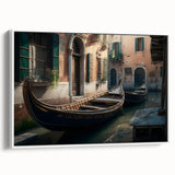 Framed canvas featuring a vintage-style gondola on a calm river, in muted black and gray tones, ideal for bedroom wall art.