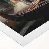 Art deco poster of a gondola on water, in muted blue and gray tones on rolled canvas, suitable for dining room decor.