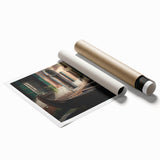 Venetian gondola on calm water, muted blue and gray tones, rolled print, suitable for classy bathroom wall art.