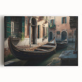 Black and white gondola in Venice print on large stretched canvas, ideal for kitchen wall art.