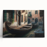Black and white photo of a gondola on calm water, printed on large stretched canvas, ideal for kitchen wall art or bedroom.