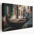 Venetian gondola on calm water, rendered in muted blues and grays on stretched canvas, ideal for kitchen wall art.