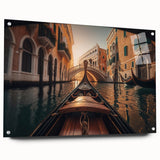 Acrylic print of a gondola on calm waters in muted blue and gray tones, suitable for dining room decor.
