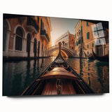 Acrylic print of a gondola on a calm canal, rendered in muted blues and grays, ideal for bedroom or dining room art.