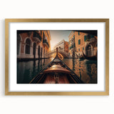 Textured art print depicting an abstract gondola in muted gold and brown tones on a framed canvas, suitable for bedroom art.