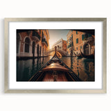 Abstract art print of a gondola in muted gray and blue tones on a silver-framed canvas, ideal for dining room decor.