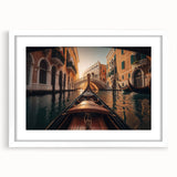 Abstract art print of a gondola on water in muted blues and grays, framed with a white mat, ideal for living room decor.