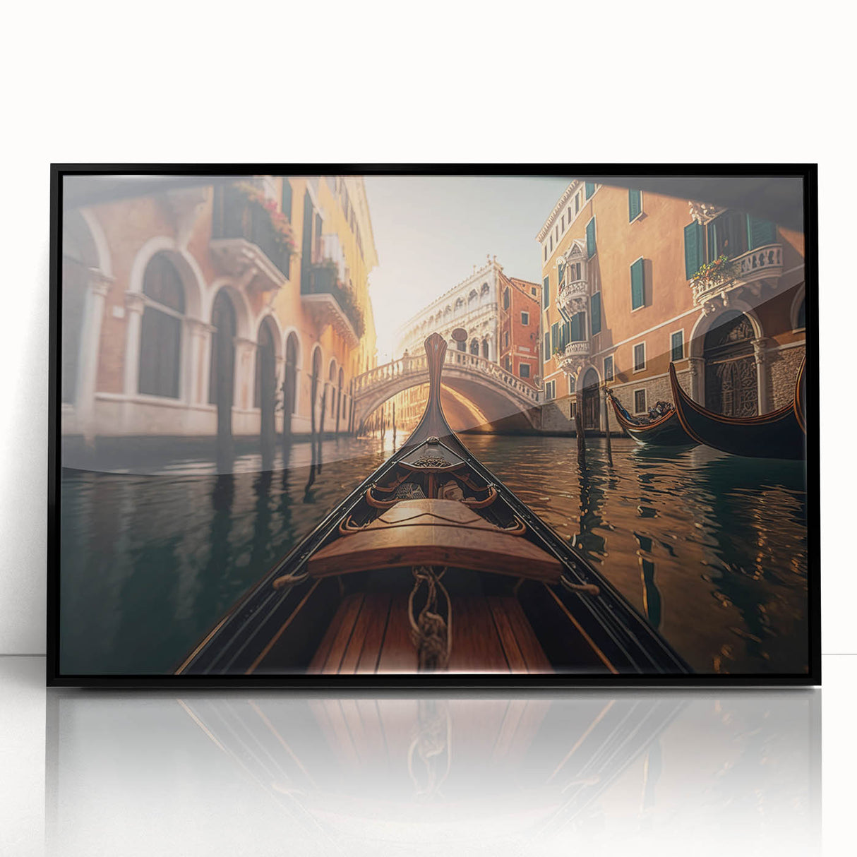 Large abstract wall art featuring a mid-century modernist gondola in black and white, framed in acrylic.