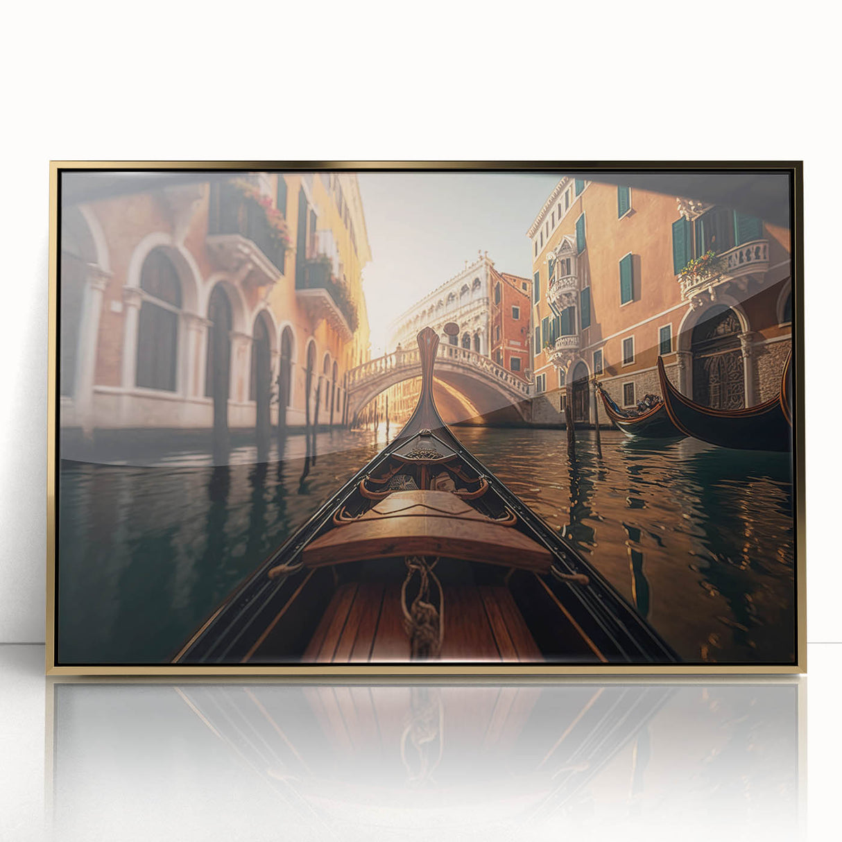 Mid-century modernist art deco poster featuring a gondola in muted gold and black tones on acrylic.