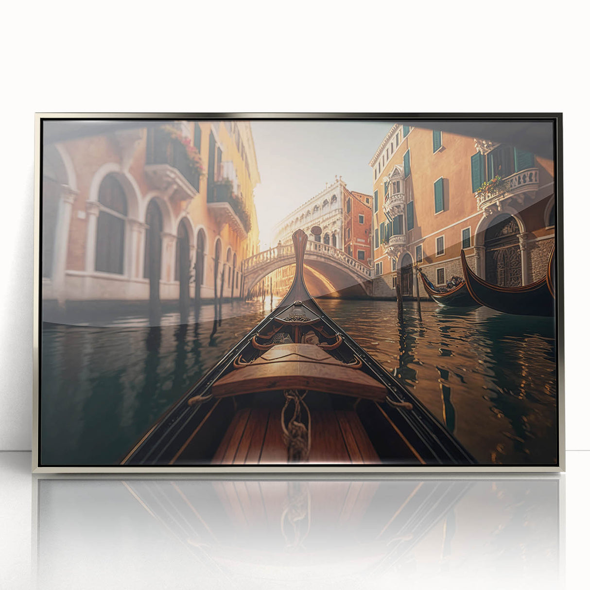 Art deco style poster of a gondola on water, in muted black and silver tones, framed in acrylic.