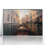 Mid-century modernist art depicting a gondola on water in muted blue and gray tones, acrylic print in white frame.