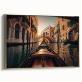 Framed canvas depicting a vintage gondola on water in black with colorful accents, ideal for living room decor.