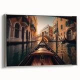 Vintage poster art of a colorful gondola on a canal, framed in silver, ideal for extra large living room wall decor.