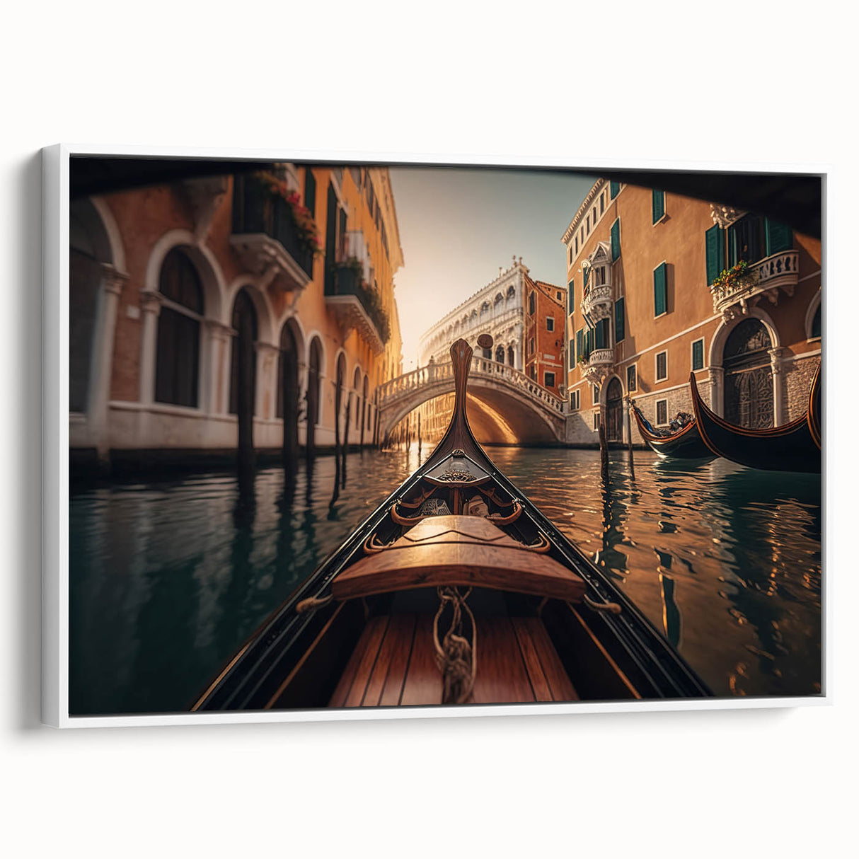 Framed canvas featuring a vintage poster of a black gondola on a canal, ideal for bedroom wall art.